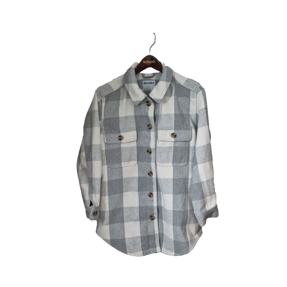 Old Navy Shacket Womens Small Gray/White Buffalo‎ Plaid  Long Sleeve Jacket